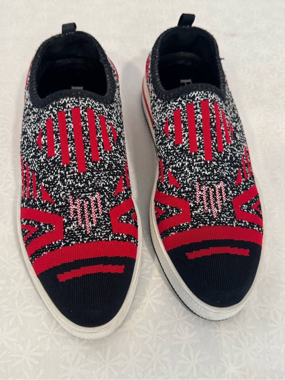Prada Women’s Knit Slip-On Sneakers Red Black White Made in Italy size 5